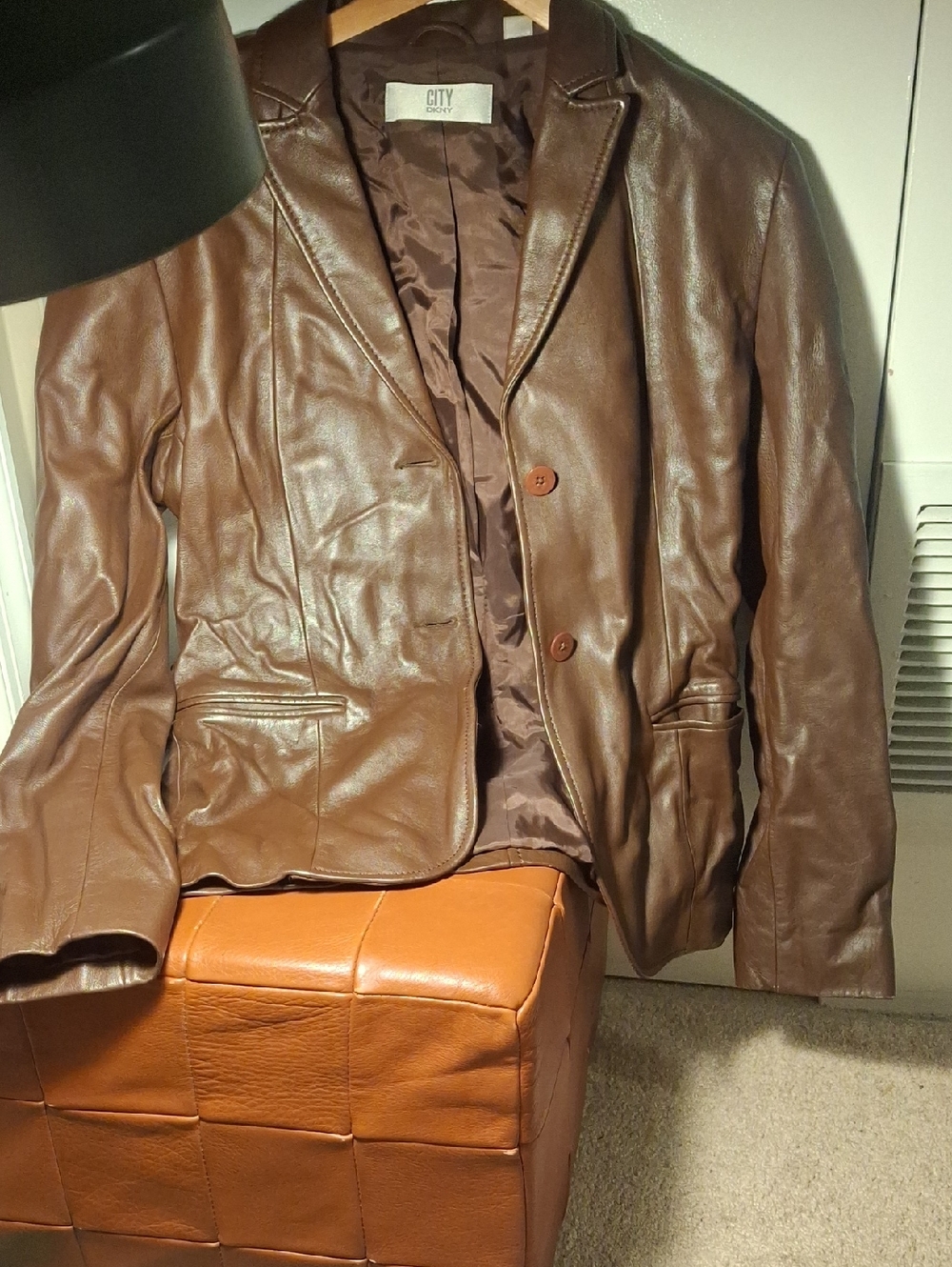 CITY DKNY Women's Brown Leather Blazer - Tailored Two-Button Jacket
